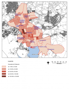 Figura 2: Densidad de población en la ciudad de Cartagena (hab./km2) para cada sección de distrito.